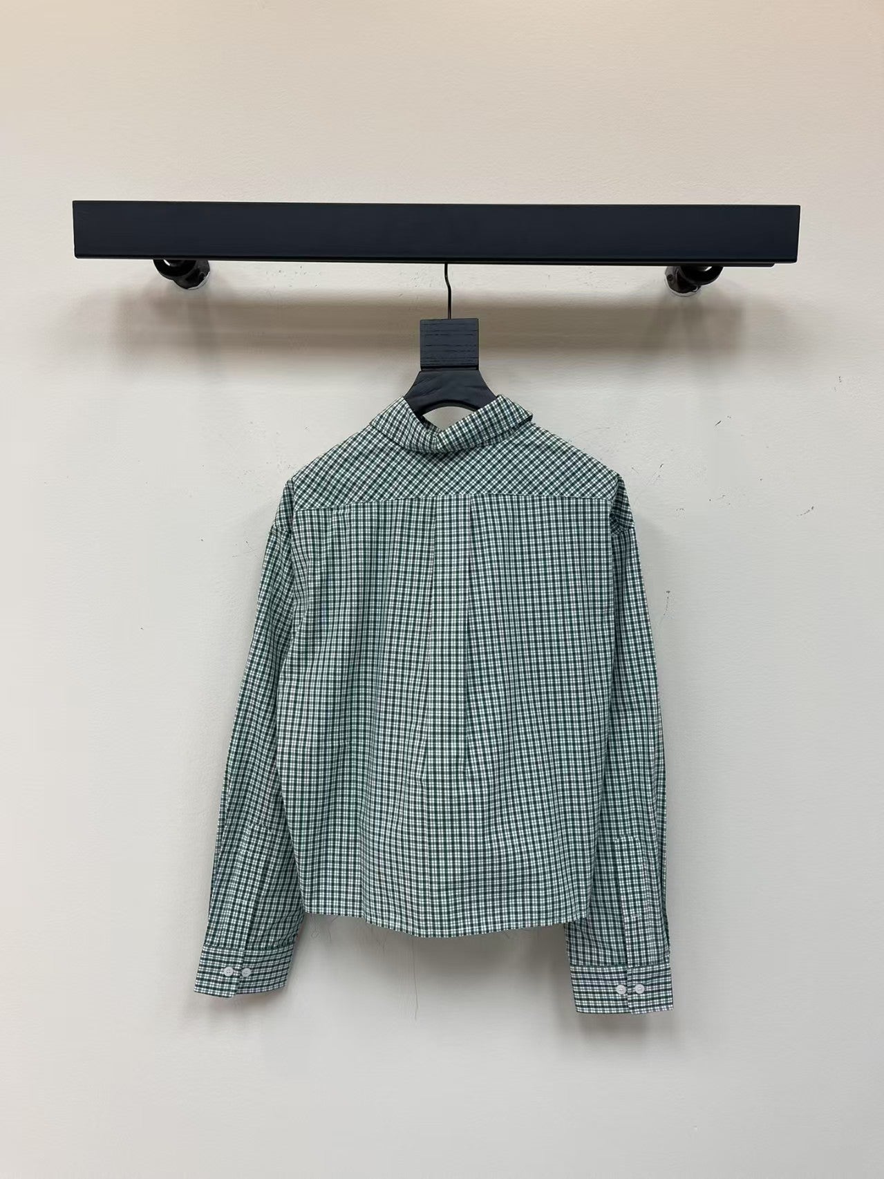 Green Check Lapel Cropped Long Sleeve Shirt