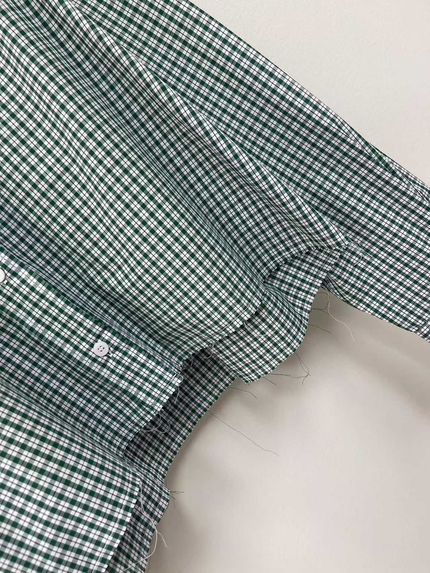 Green Check Lapel Cropped Long Sleeve Shirt