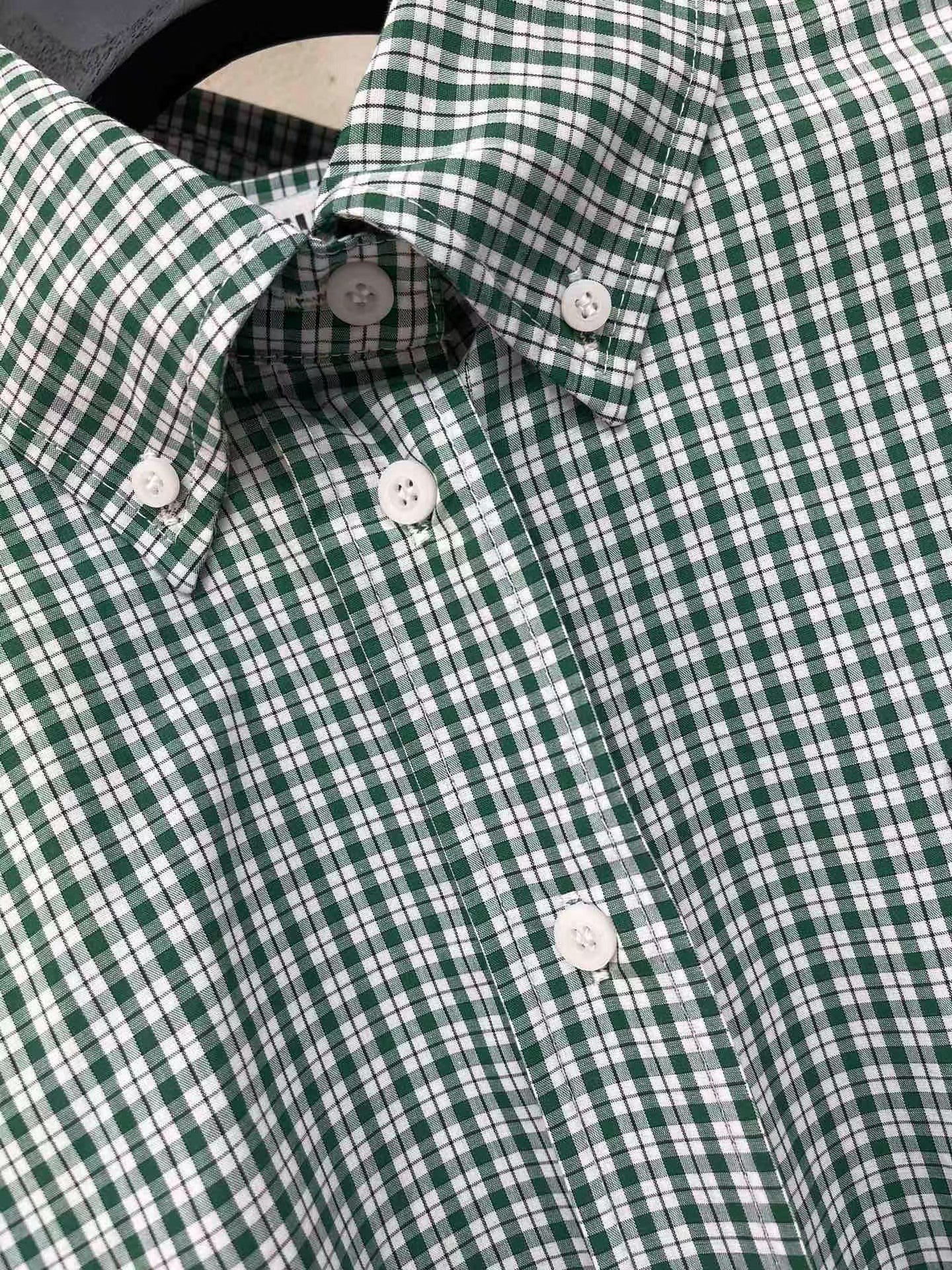 Green Check Lapel Cropped Long Sleeve Shirt