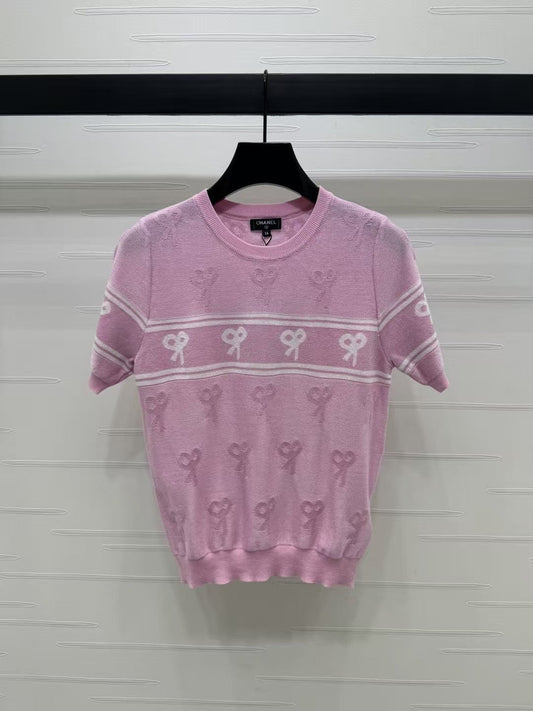 Round neck bow knitted short sleeves