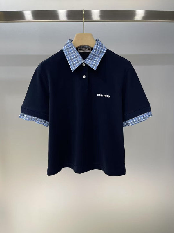 Lettering embroidered lapel T-shirt