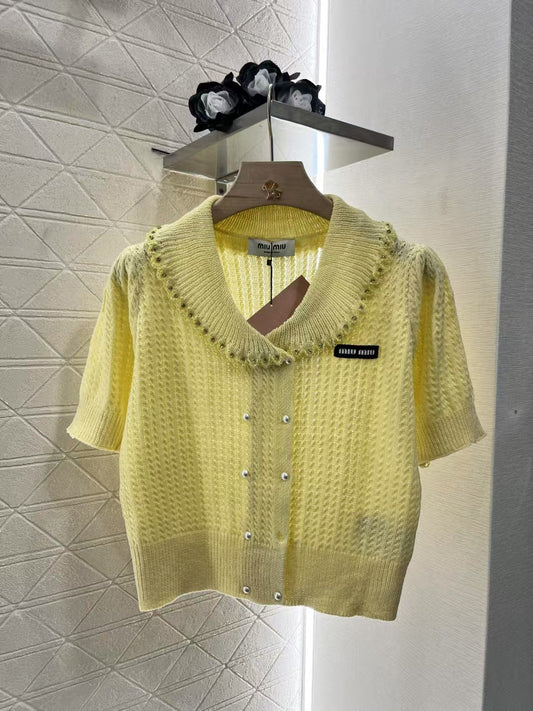 Lapel short-sleeved knitted cardigan