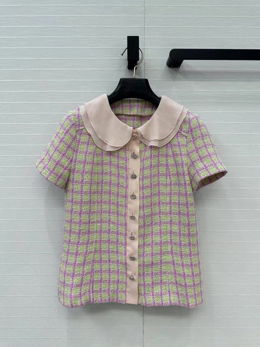 Silk short-sleeved babydoll collar top