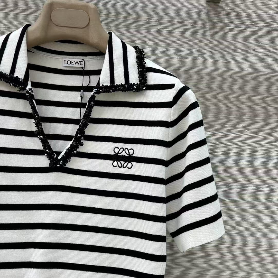 Striped knitted polo short-sleeved top