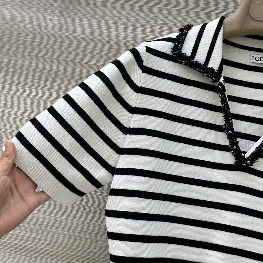 Striped knitted polo short-sleeved top