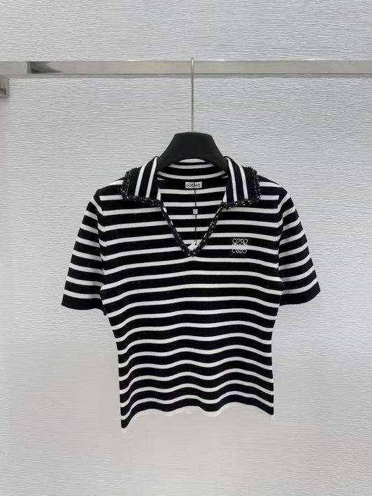 Striped knitted polo short-sleeved top