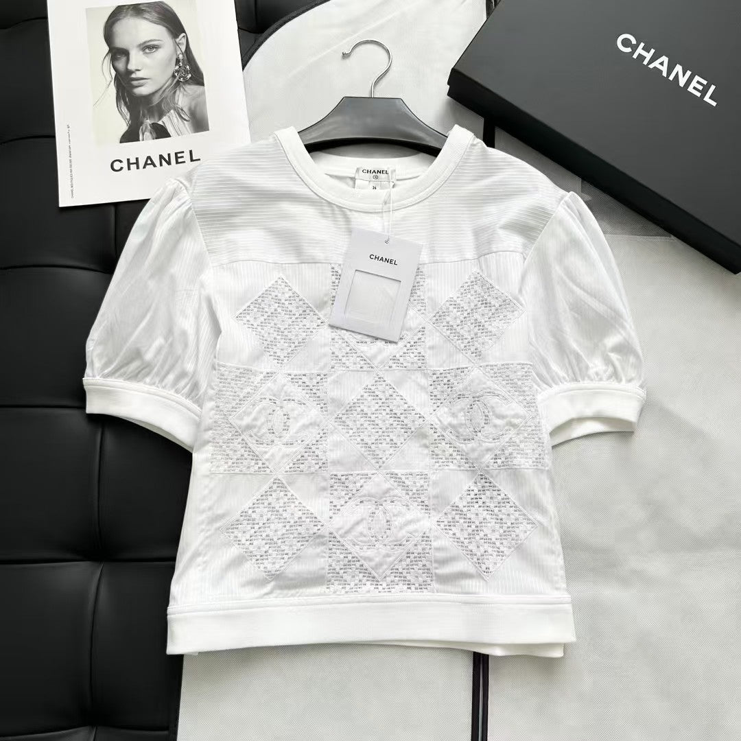 Heavy hollow embroidery puff sleeve striped top