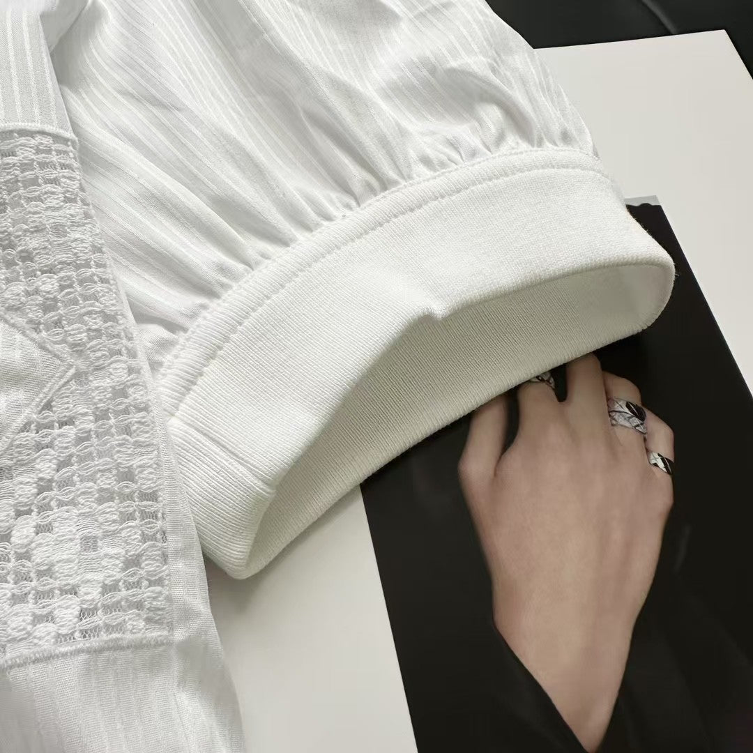 Heavy hollow embroidery puff sleeve striped top