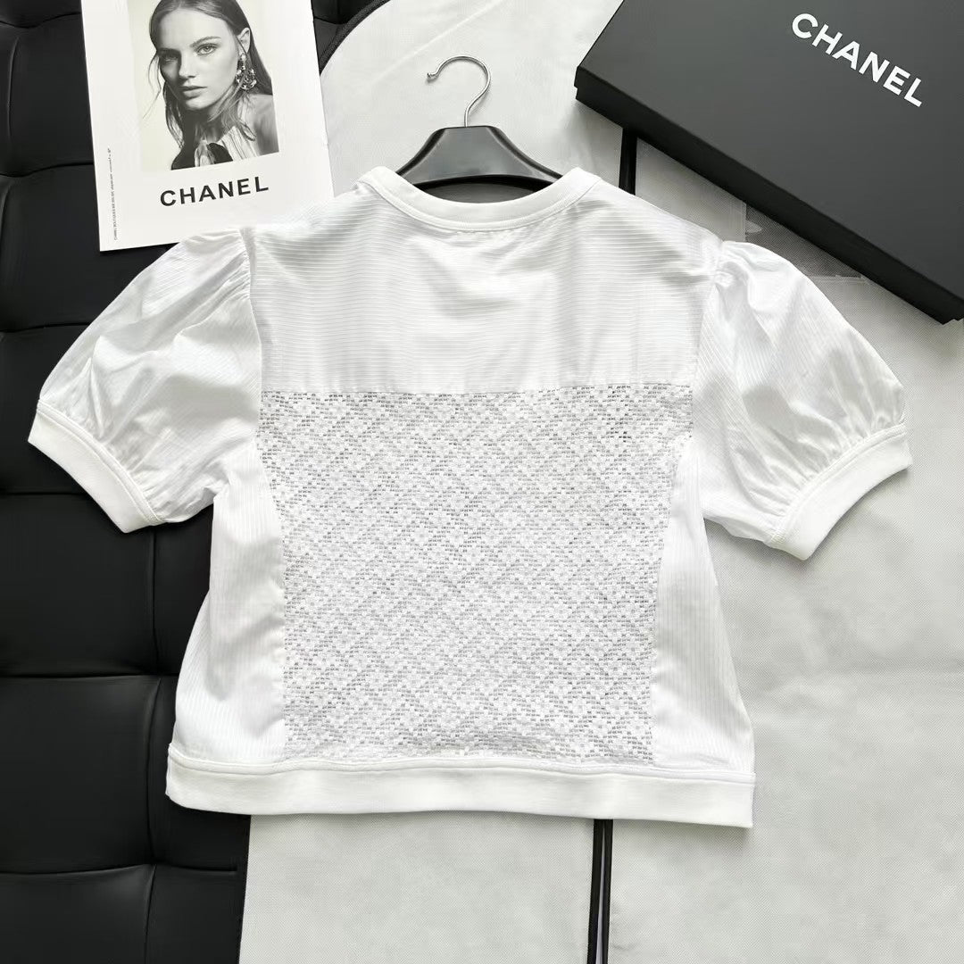 Heavy hollow embroidery puff sleeve striped top