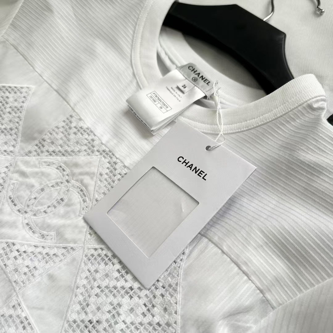 Heavy hollow embroidery puff sleeve striped top