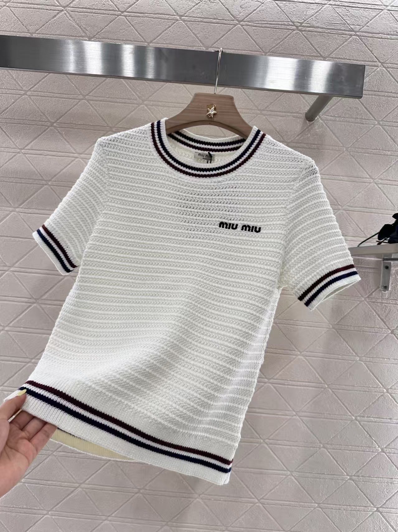 Hollow knit crew neck short sleeves