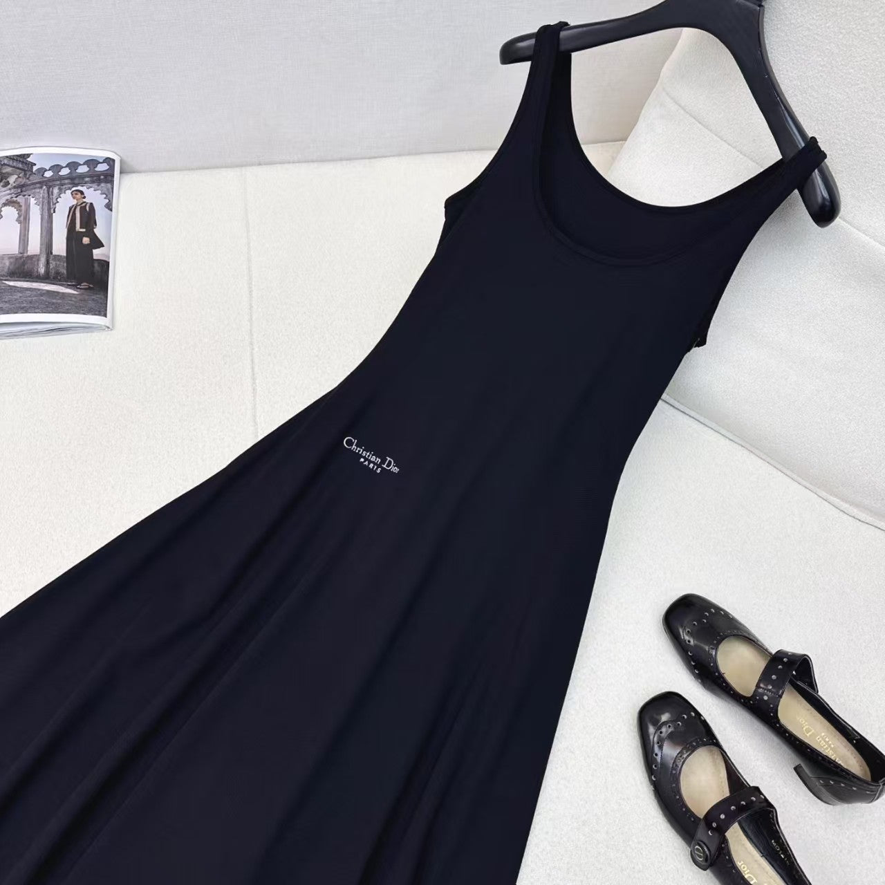 Embroidered U-neck suspender dress