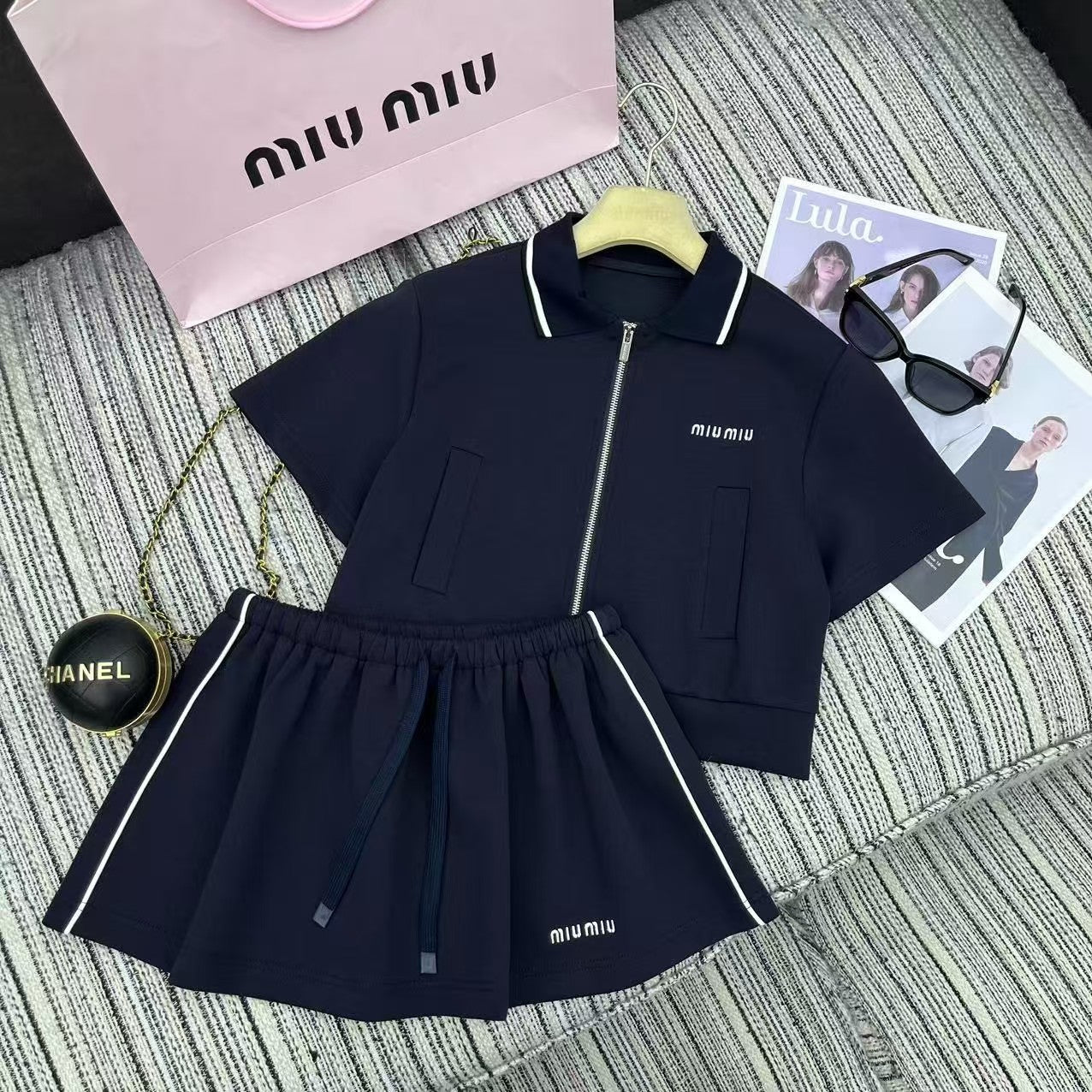 Lapel short sleeves with elastic waist short skirt suit