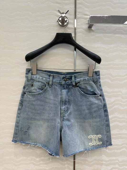 Embroidered logo denim shorts