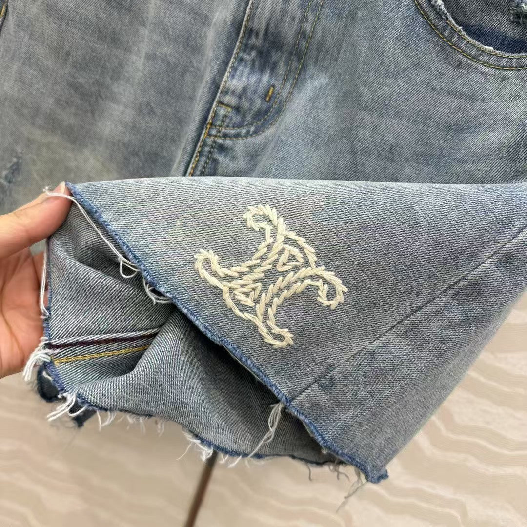 Embroidered logo denim shorts