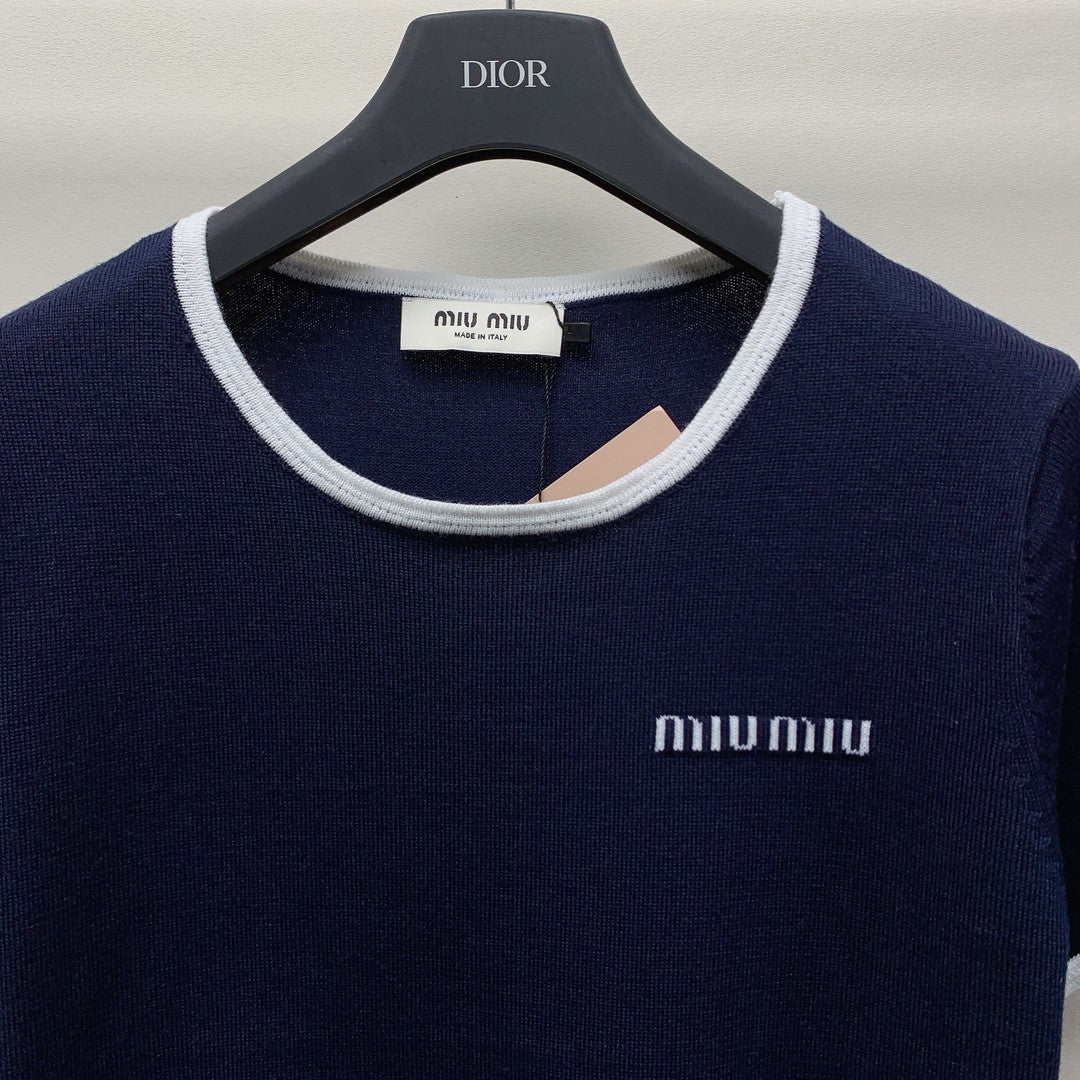 Spring/Summer New Round Neck Knitted Patchwork Short Sleeve Shirt