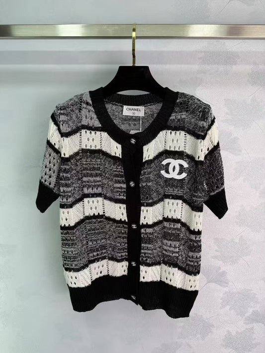 Black and white striped hollow knit short-sleeved cardigan