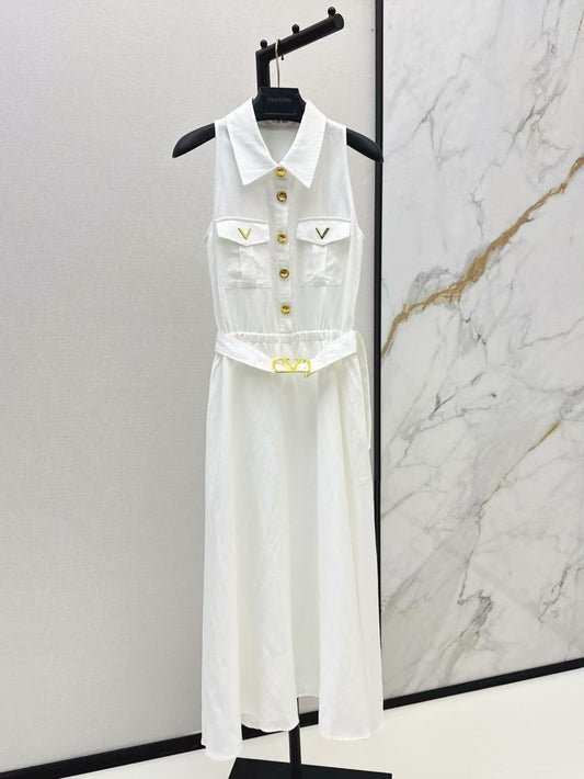 Latest Linen Lapel Sleeveless Dress