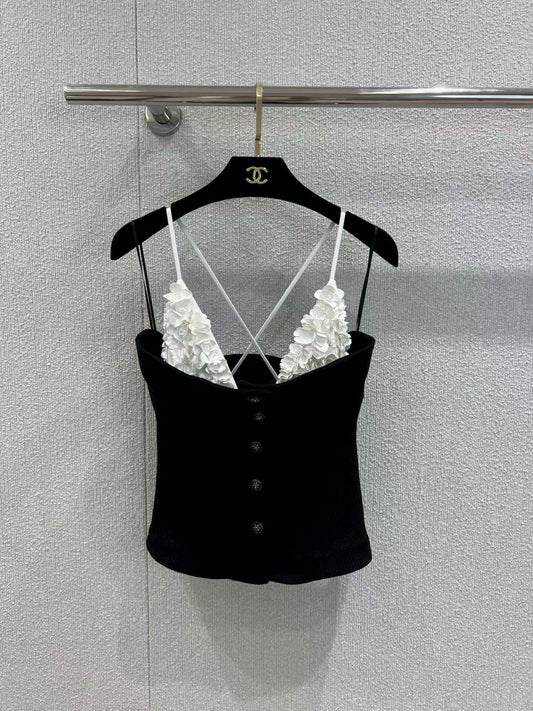 French black and white stitching tube top camisole