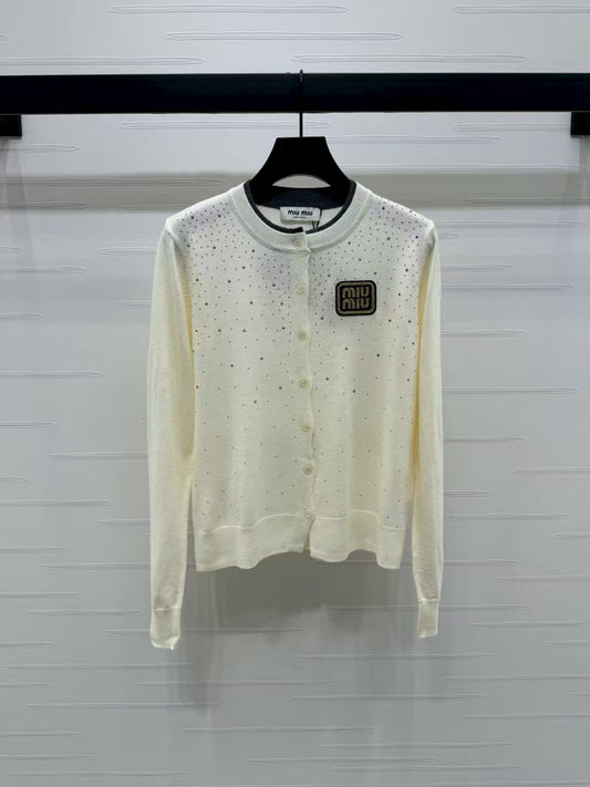 Rhinestone crew neck knitted cardigan