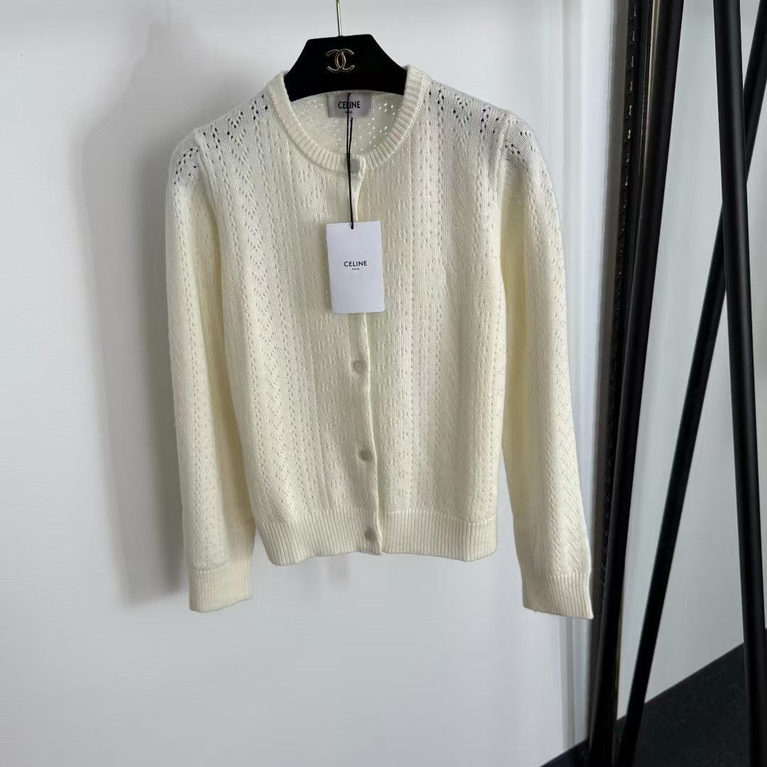 Hollow long-sleeved wool knit cardigan