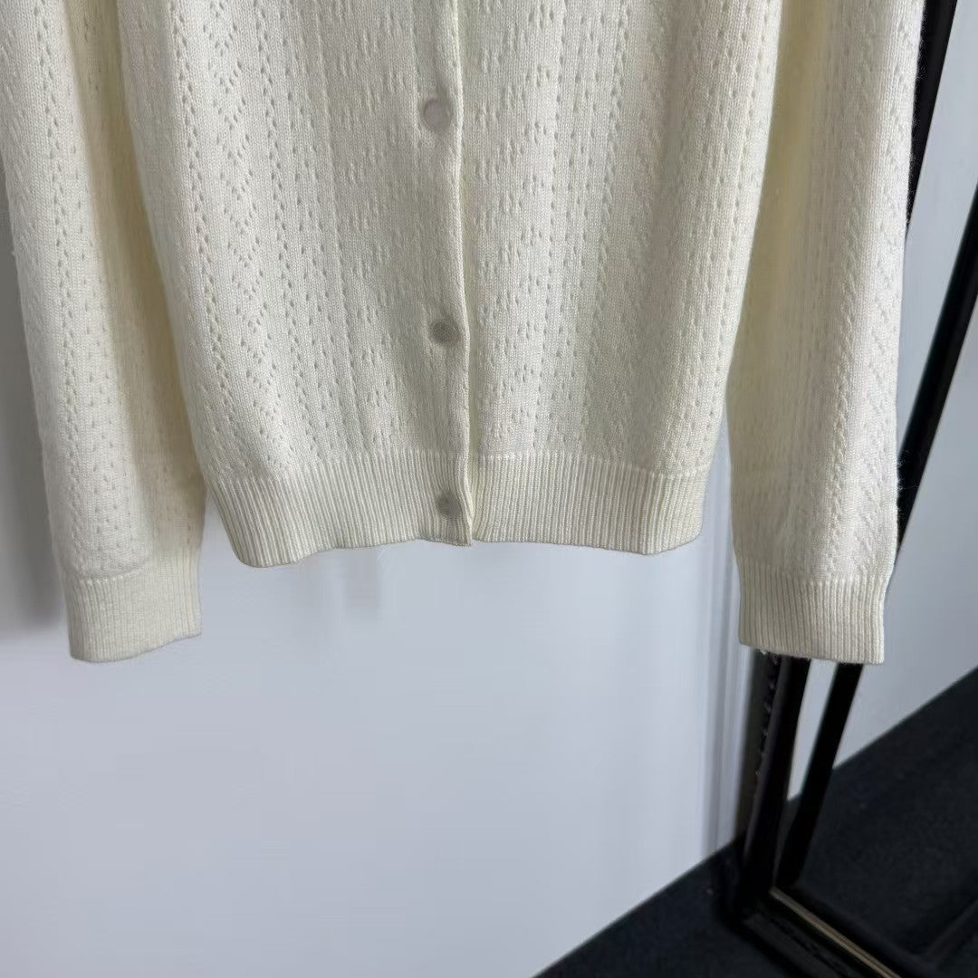 Hollow long-sleeved wool knit cardigan
