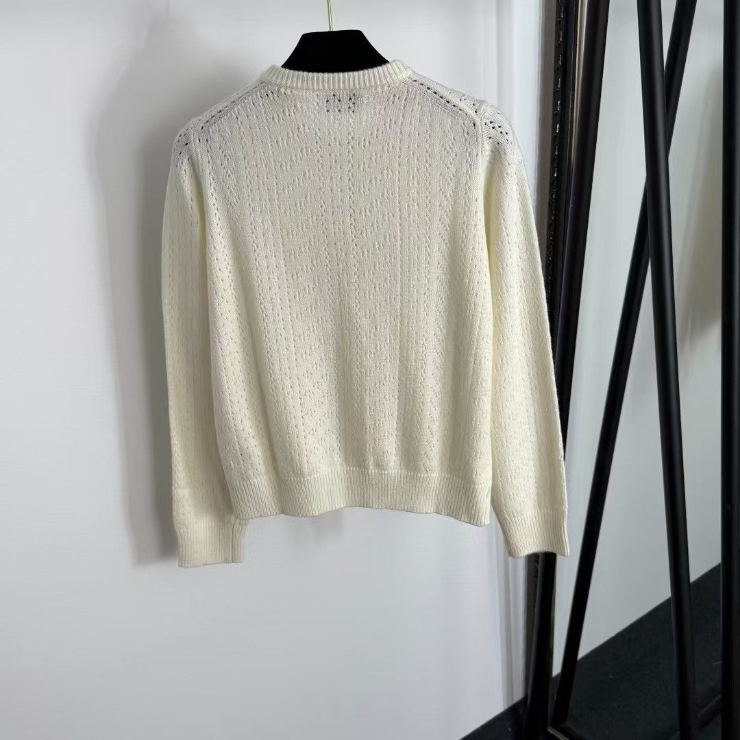 Hollow long-sleeved wool knit cardigan