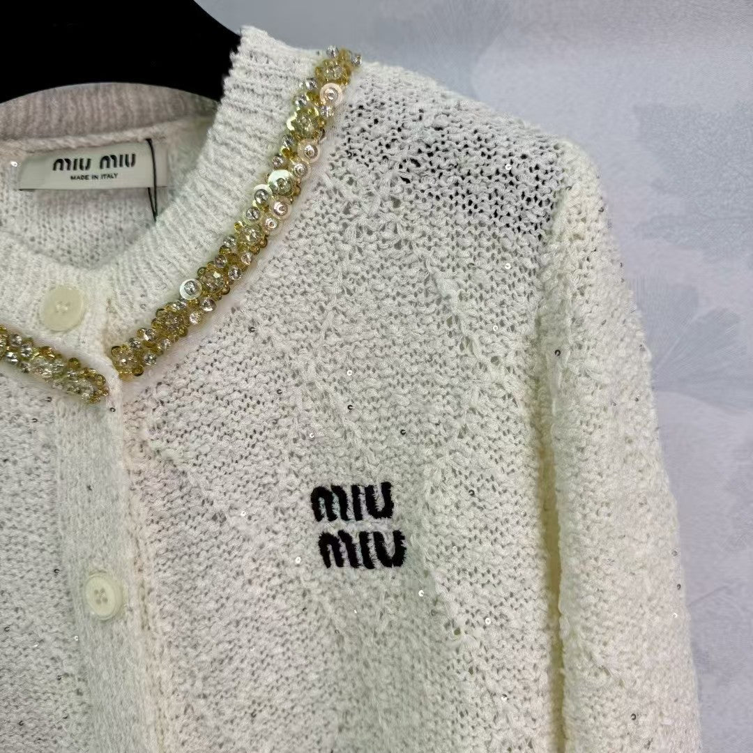 Chain crew neck knitted long-sleeved cardigan