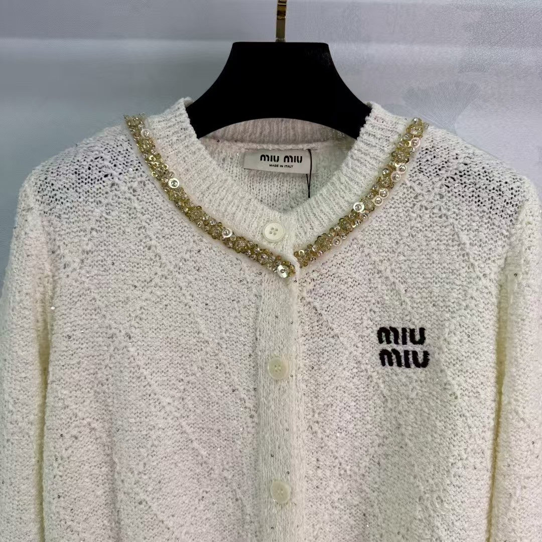 Chain crew neck knitted long-sleeved cardigan