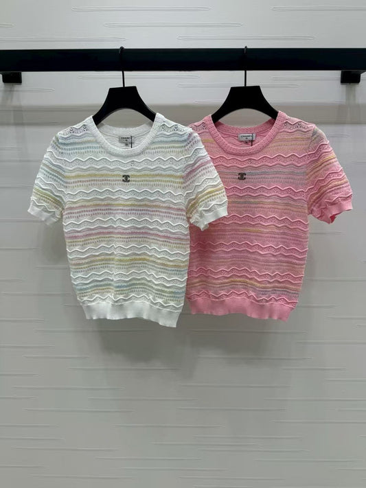 Striped crew neck knitted short sleeves