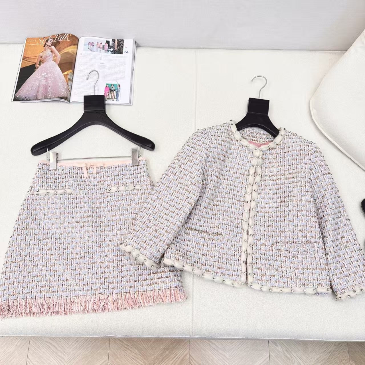 Round neck trim decorative braiding + A-line braided skirt