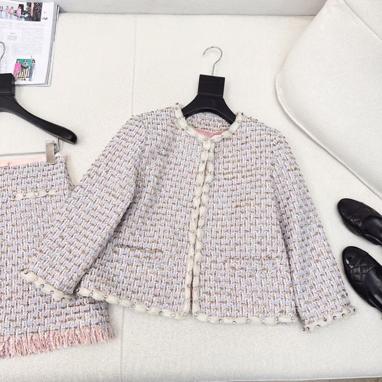 Round neck trim decorative braiding + A-line braided skirt