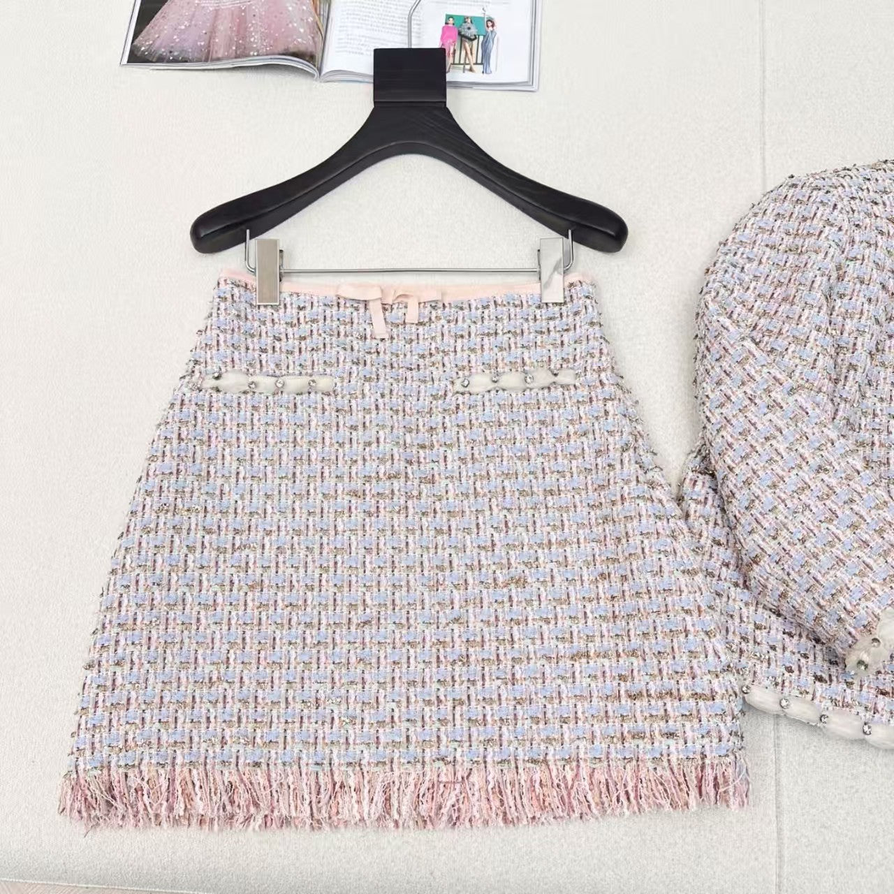 Round neck trim decorative braiding + A-line braided skirt