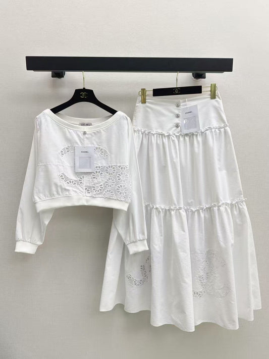 Hollow embroidery white top and skirt set