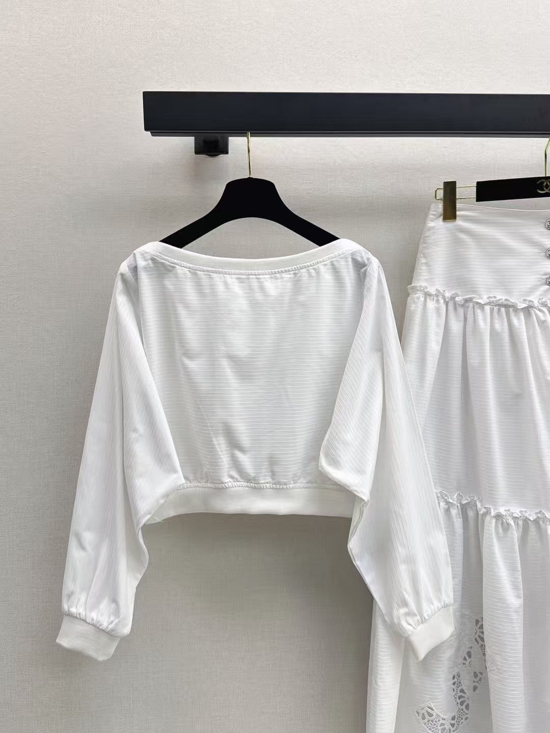 Hollow embroidery white top and skirt set