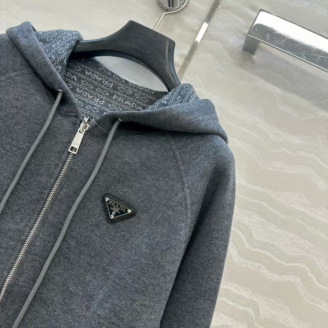 Double-faced wool hooded jacket with monogram