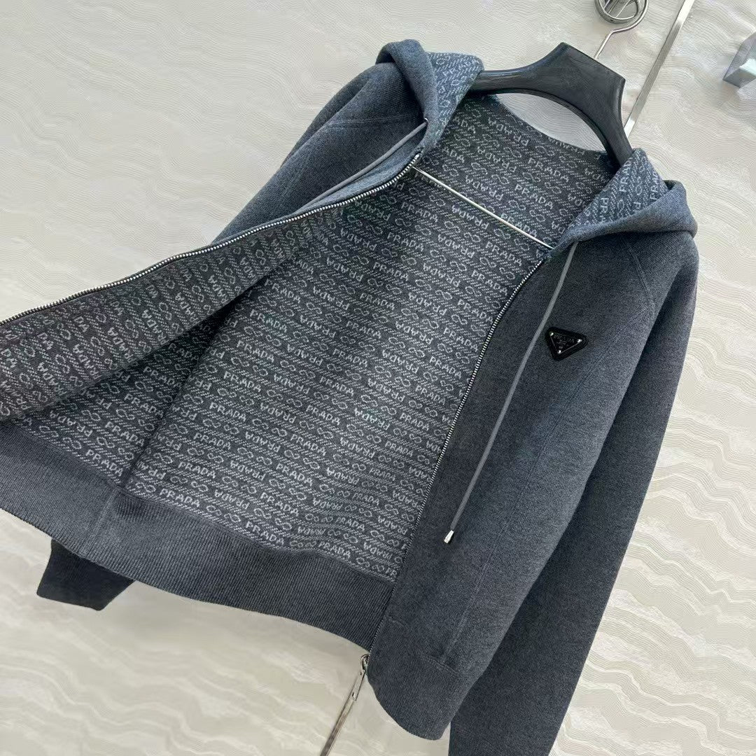 Double-faced wool hooded jacket with monogram