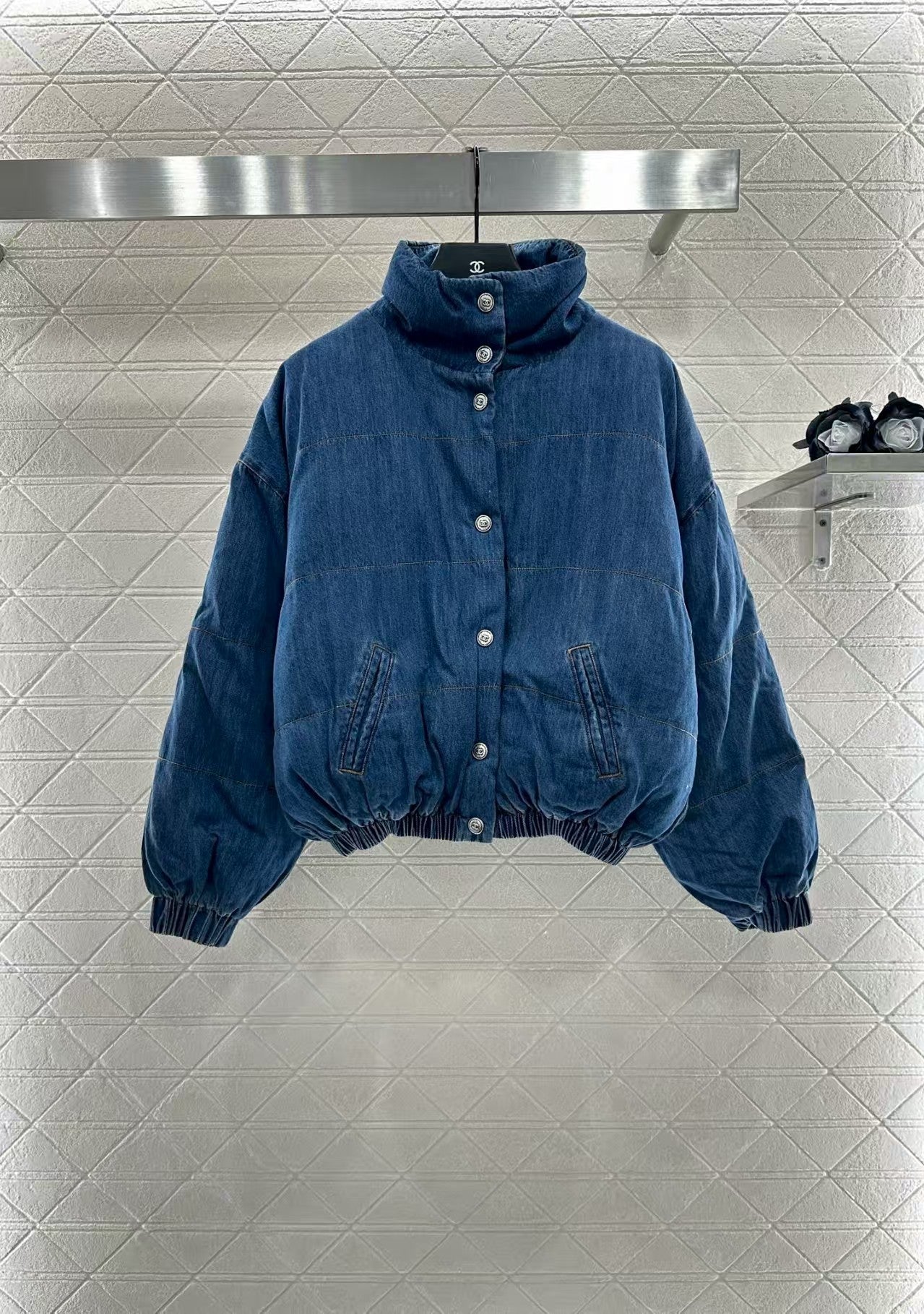 Denim stand collar snap button down jacket