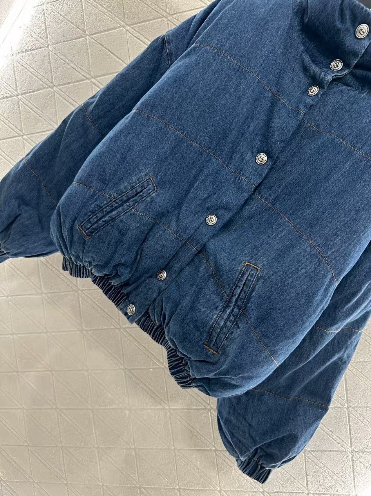 Denim stand collar snap button down jacket