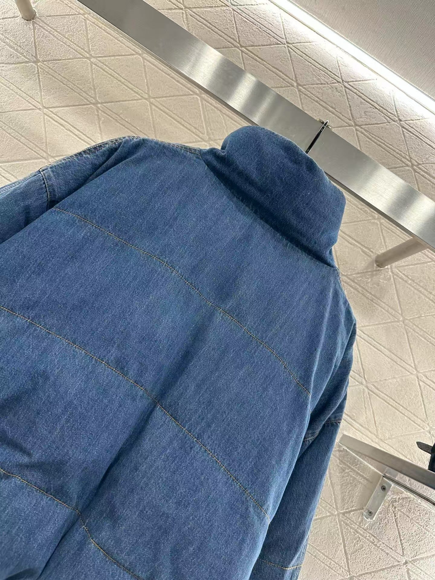 Denim stand collar snap button down jacket