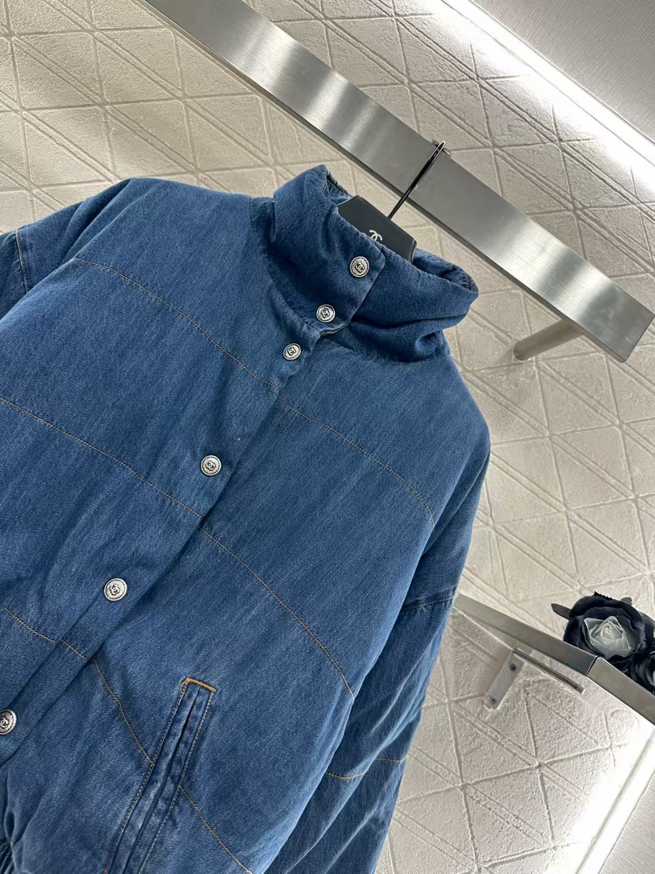 Denim stand collar snap button down jacket