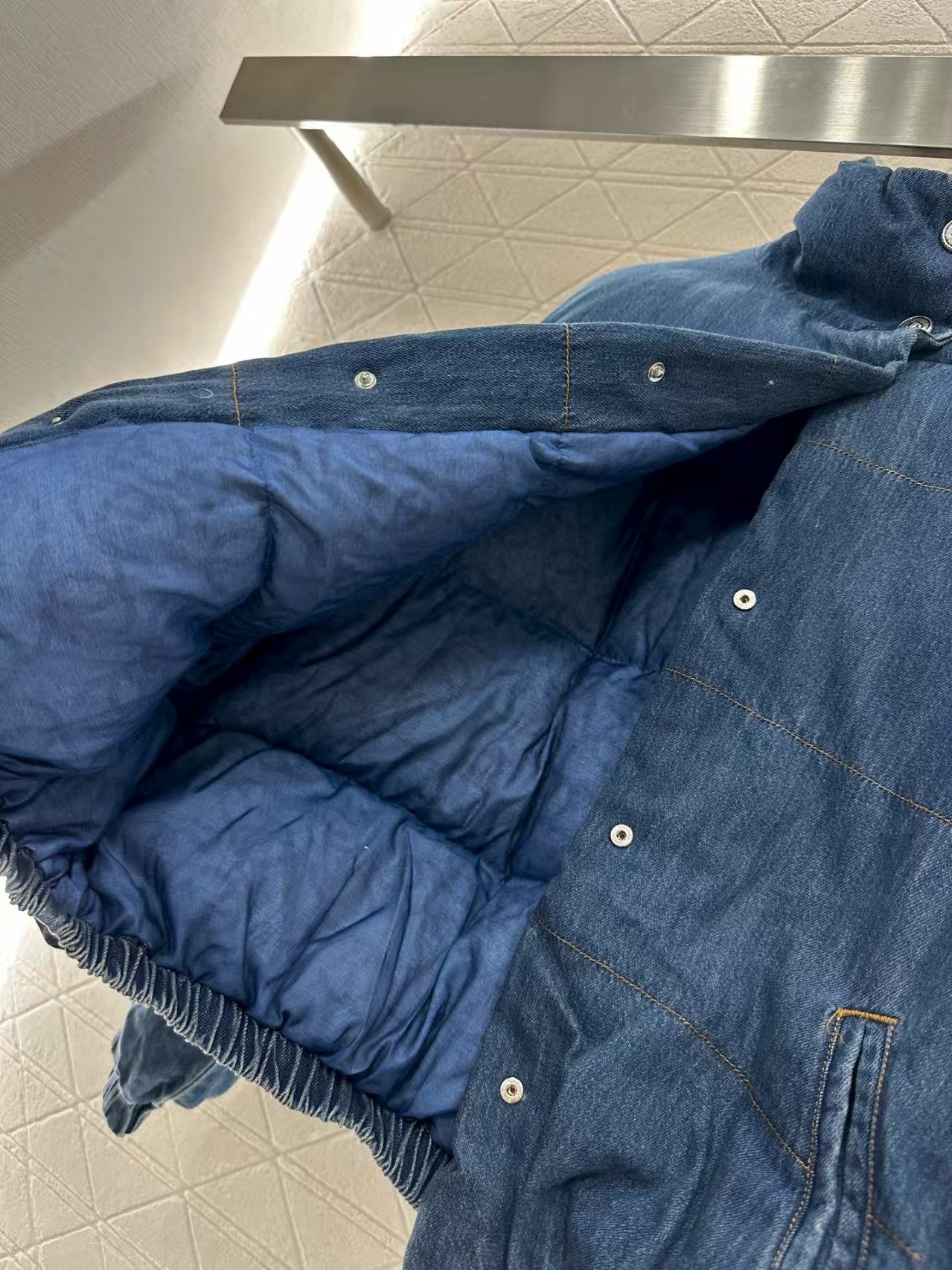 Denim stand collar snap button down jacket