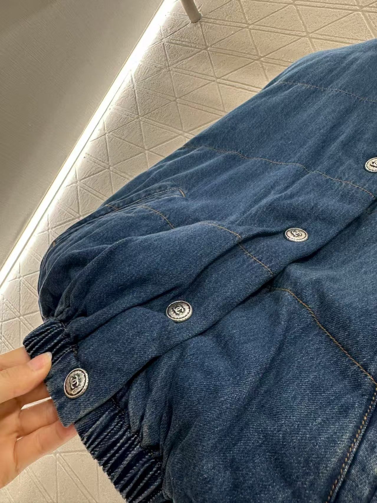 Denim stand collar snap button down jacket