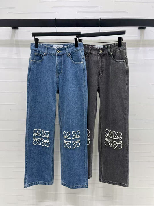 Heavy beaded straight jeans
