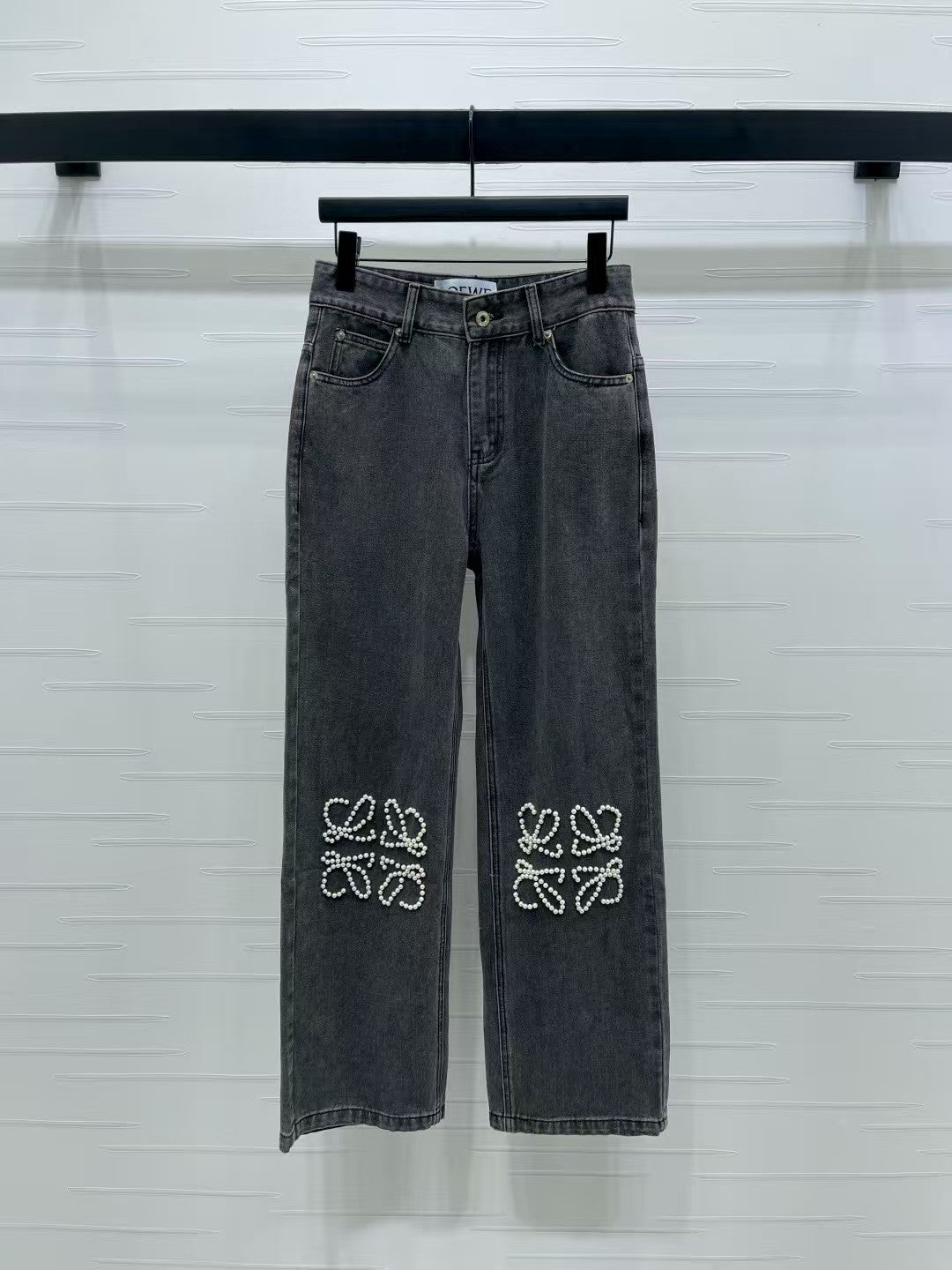 Heavy beaded straight jeans