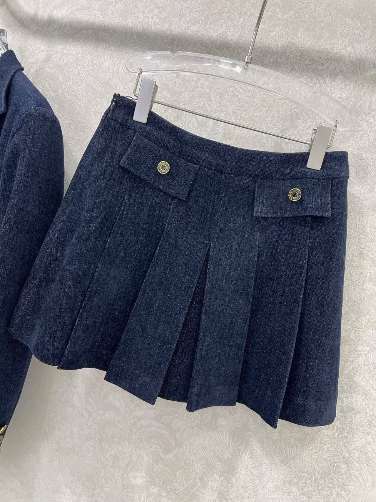 New brushed blazer and pleated skirt