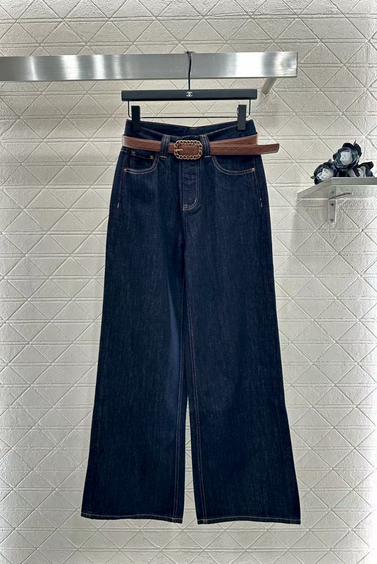 New belted straight-leg denim trousers