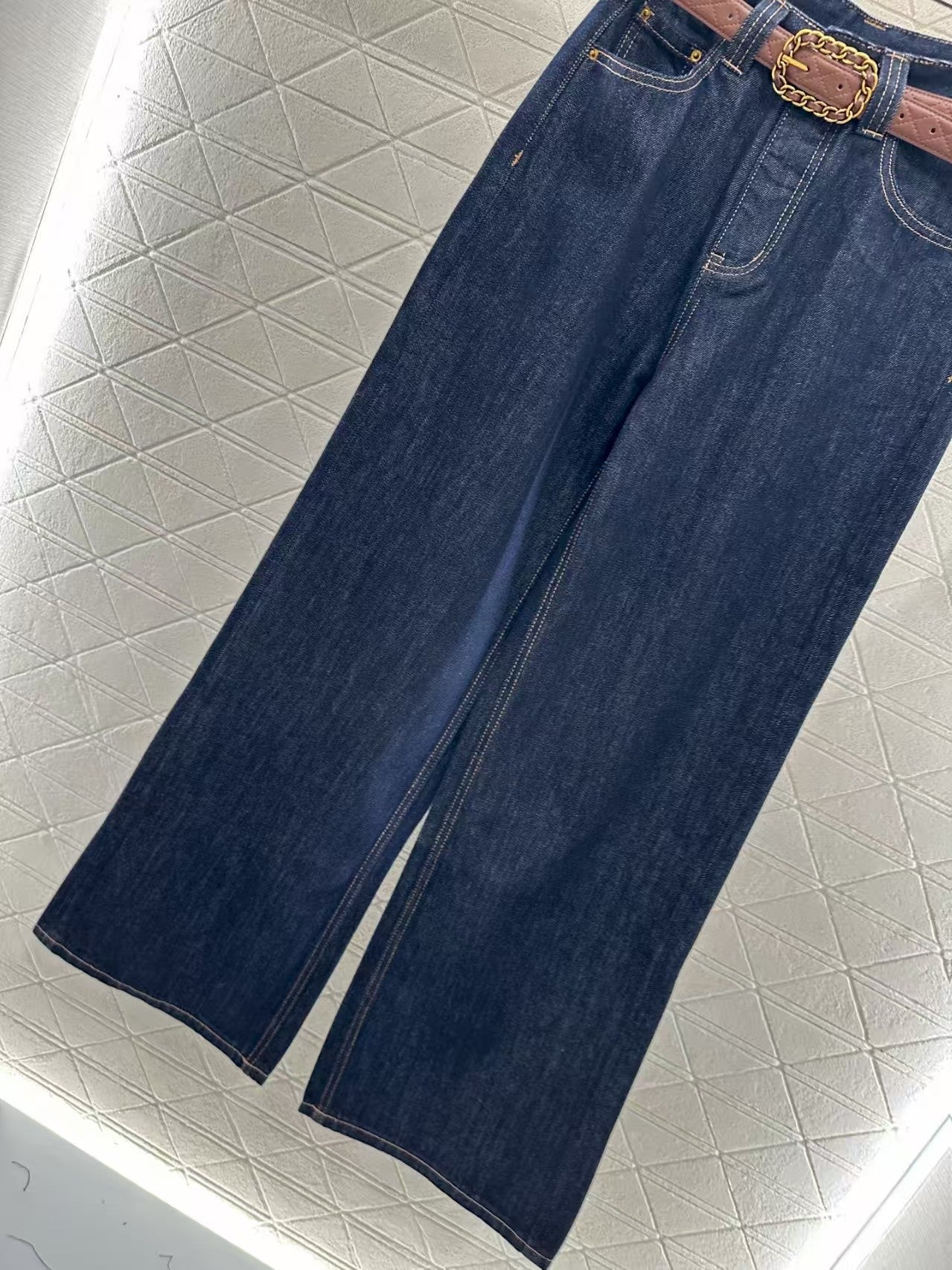 New belted straight-leg denim trousers