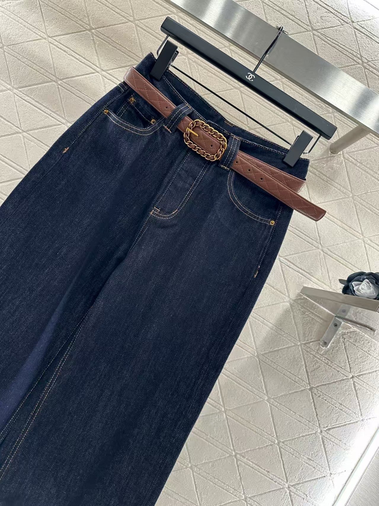 New belted straight-leg denim trousers
