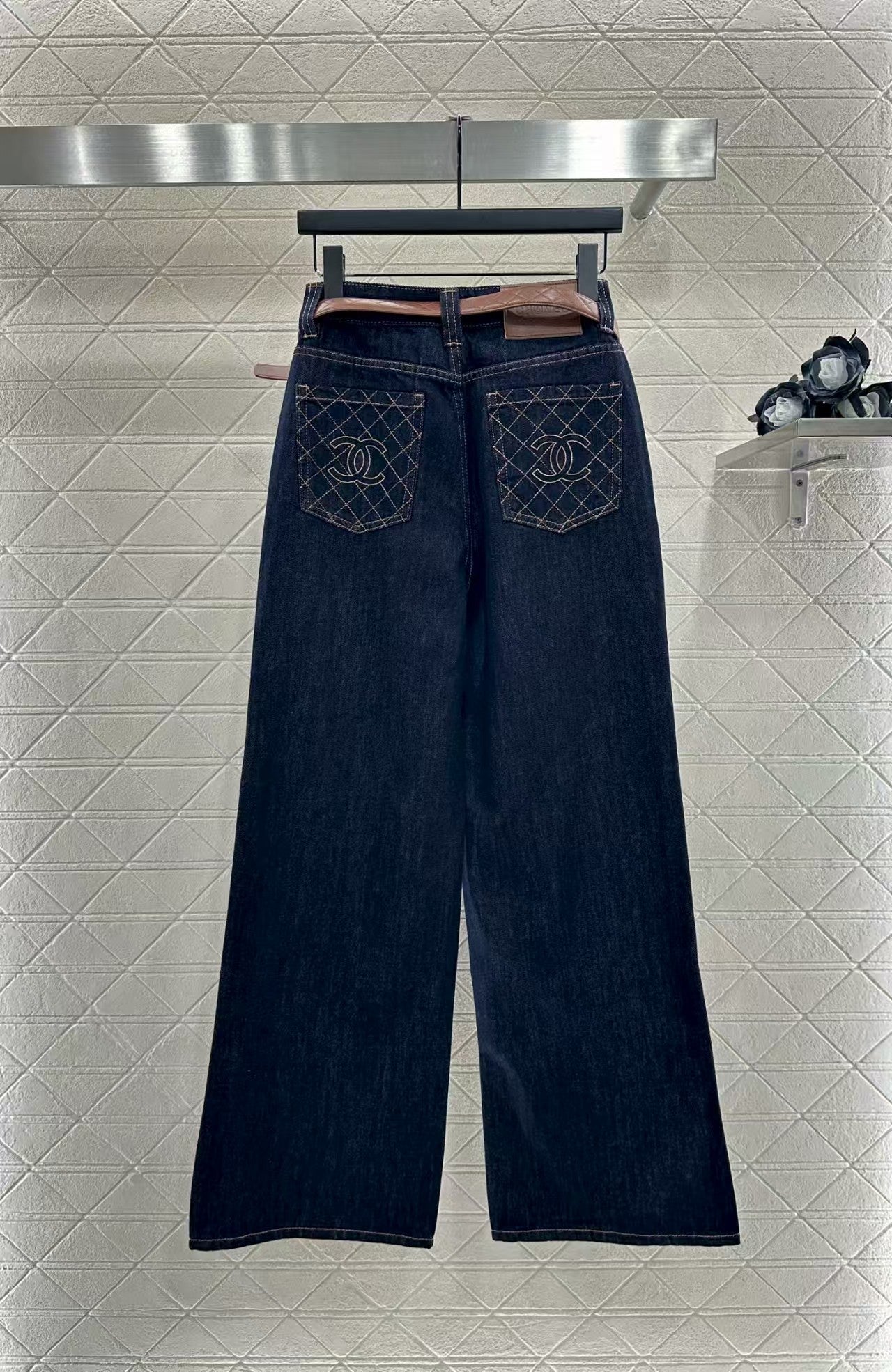 New belted straight-leg denim trousers